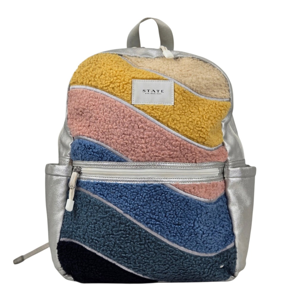 STATE Bags Kane Kids Backpack Fuzzy Sherpa Metallic Silver Multicolor 14x12x5"